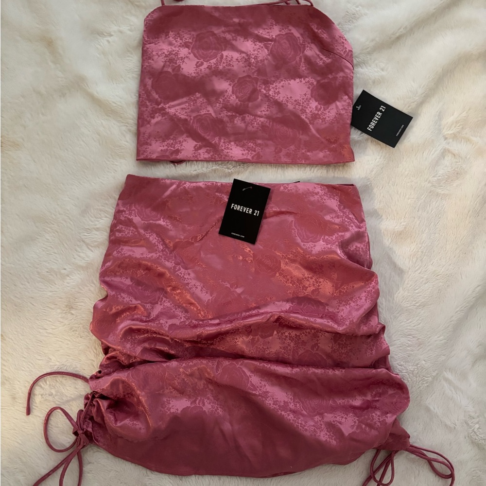 NWT- Forever 21 Rose Pink Silk Two-Piece Skirt Set
